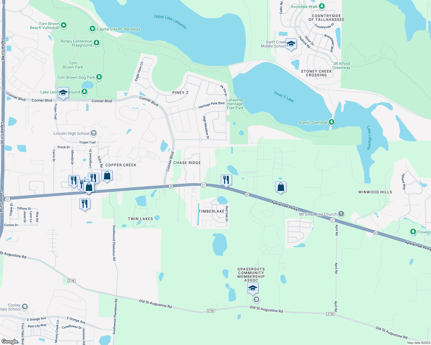 map of restaurants, bars, coffee shops, grocery stores, and more near 2134 Honeycutt Trail in Tallahassee