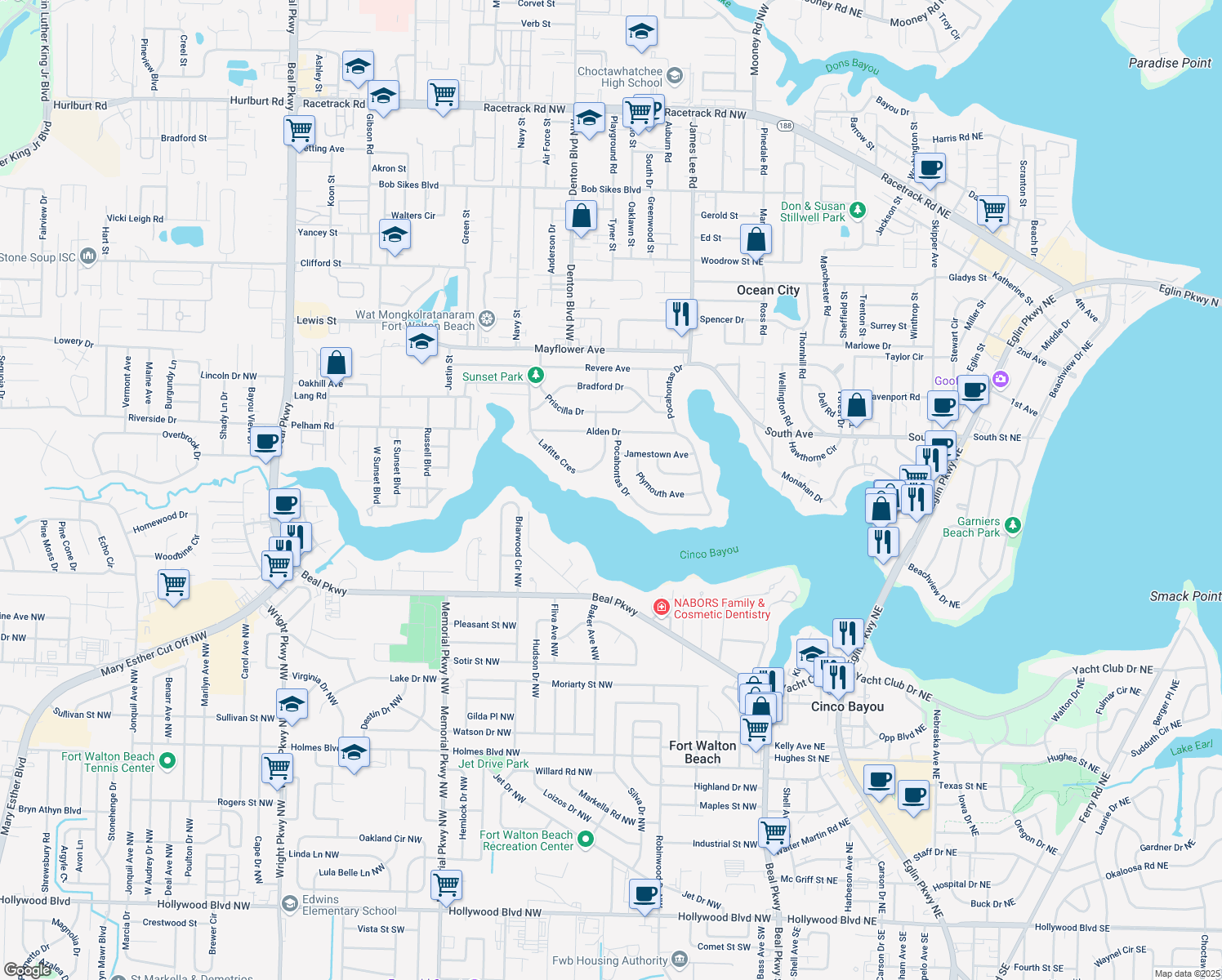 map of restaurants, bars, coffee shops, grocery stores, and more near 567 Pocahontas Drive in Fort Walton Beach