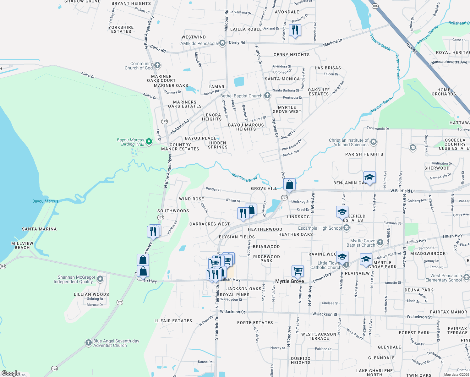 map of restaurants, bars, coffee shops, grocery stores, and more near 7710 Pontiac Dr in Pensacola