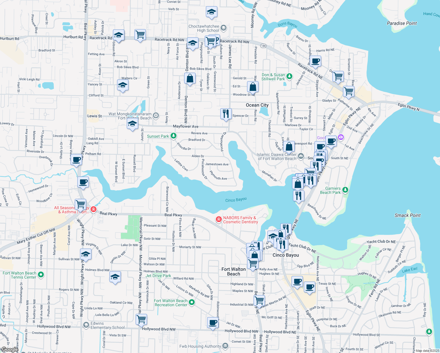 map of restaurants, bars, coffee shops, grocery stores, and more near 314 Plymouth Avenue in Fort Walton Beach