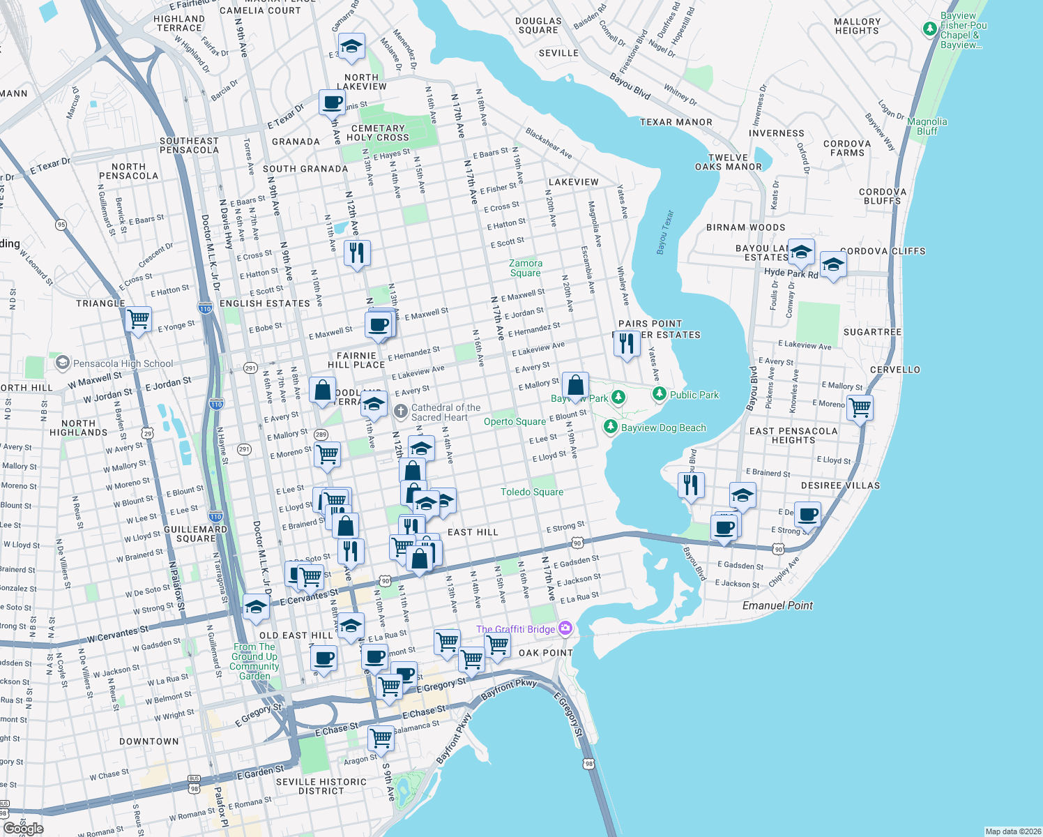 map of restaurants, bars, coffee shops, grocery stores, and more near 1700 East Blount Street in Pensacola