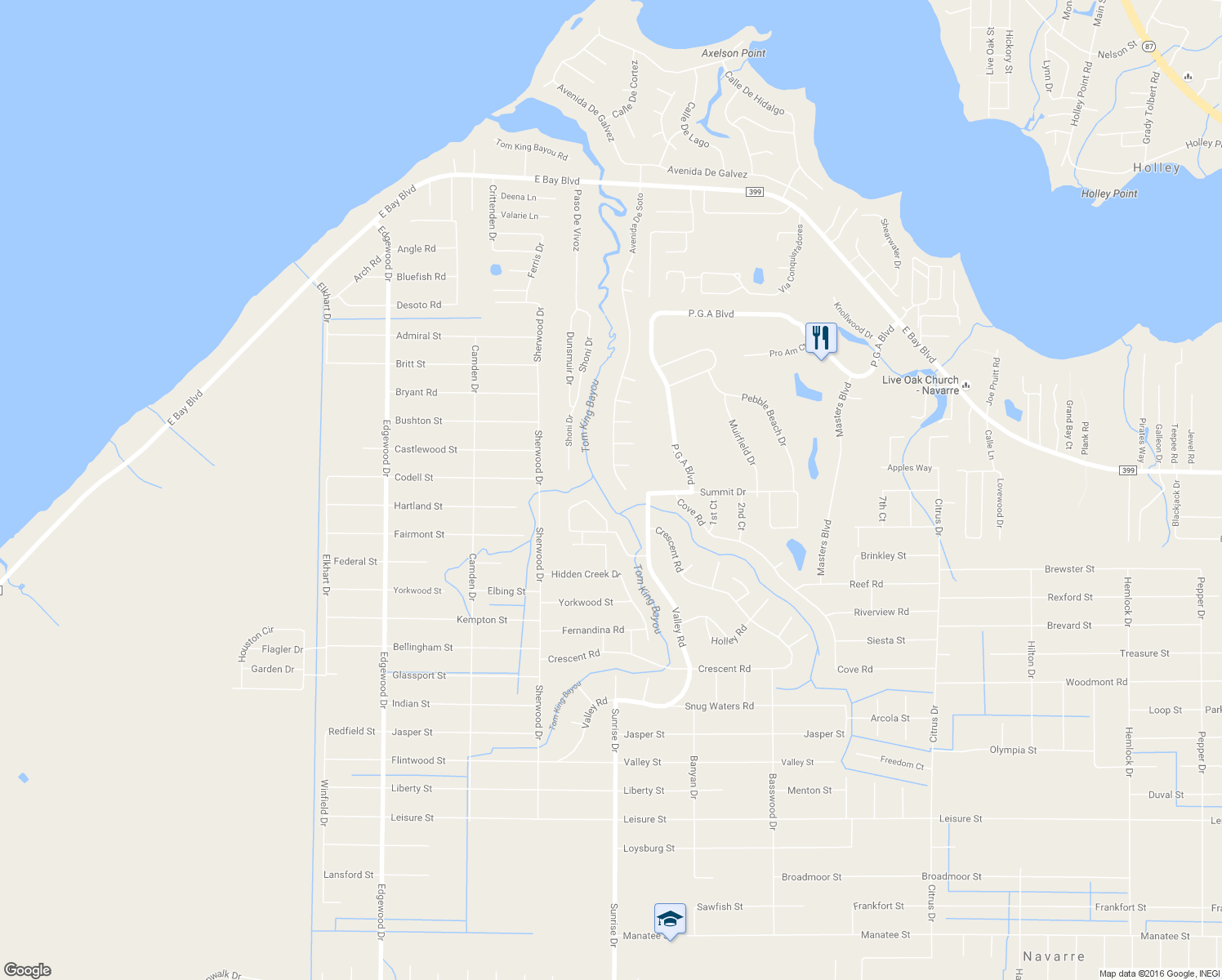 map of restaurants, bars, coffee shops, grocery stores, and more near 2617 Avenida De Soto in Navarre