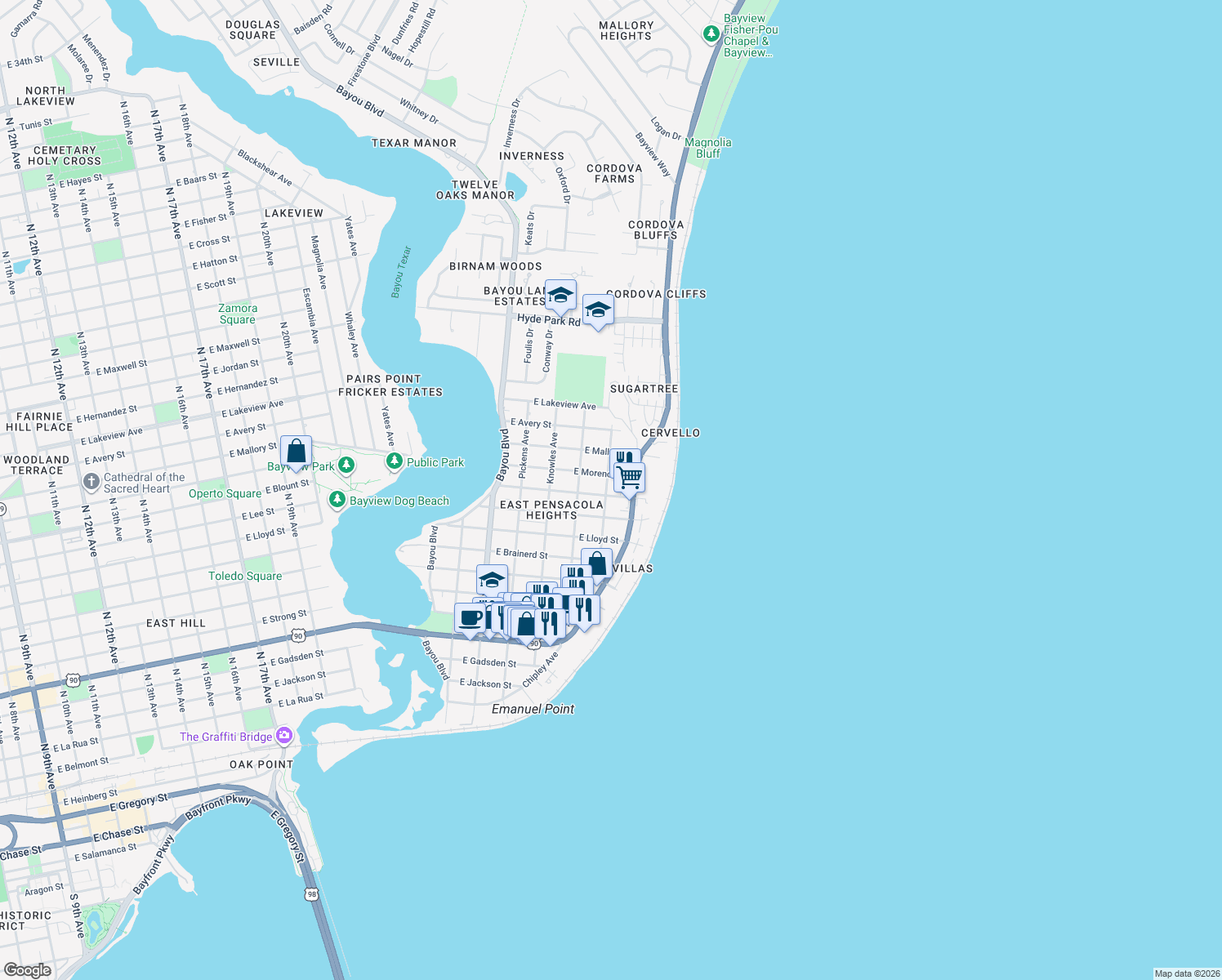 map of restaurants, bars, coffee shops, grocery stores, and more near 3300 East Blount Street in Pensacola