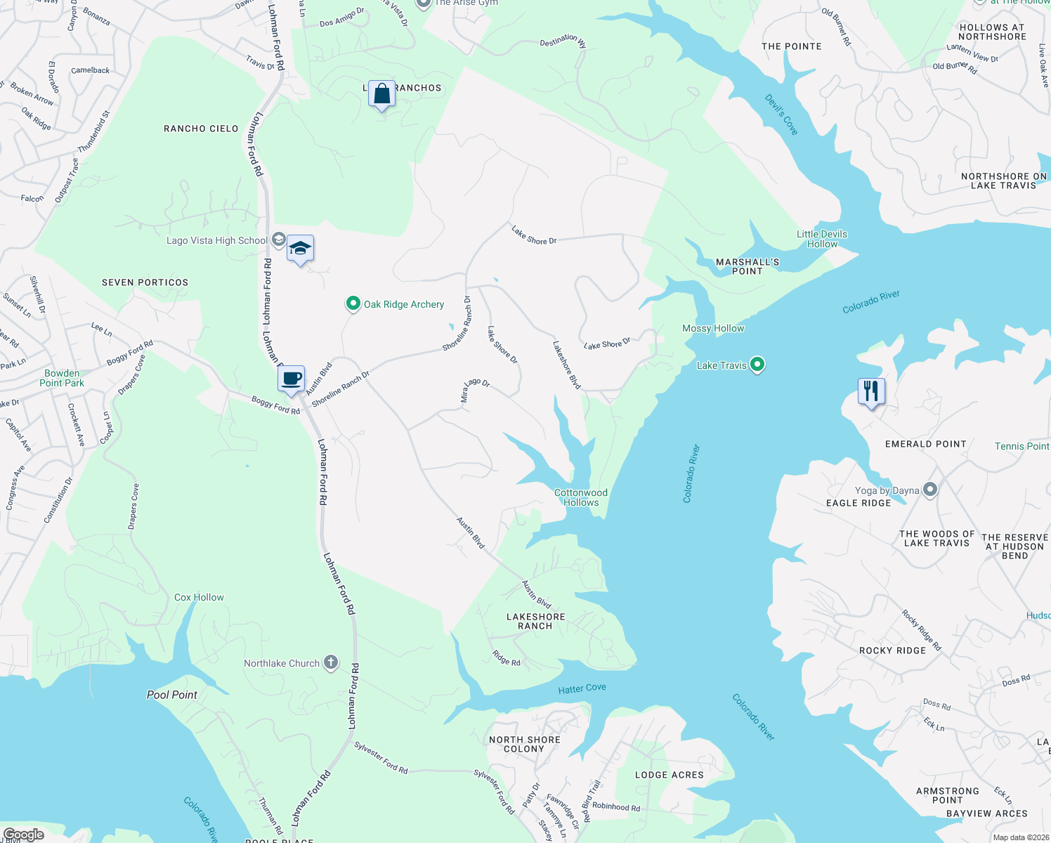 map of restaurants, bars, coffee shops, grocery stores, and more near 5312 Mira Lago Drive in Lago Vista