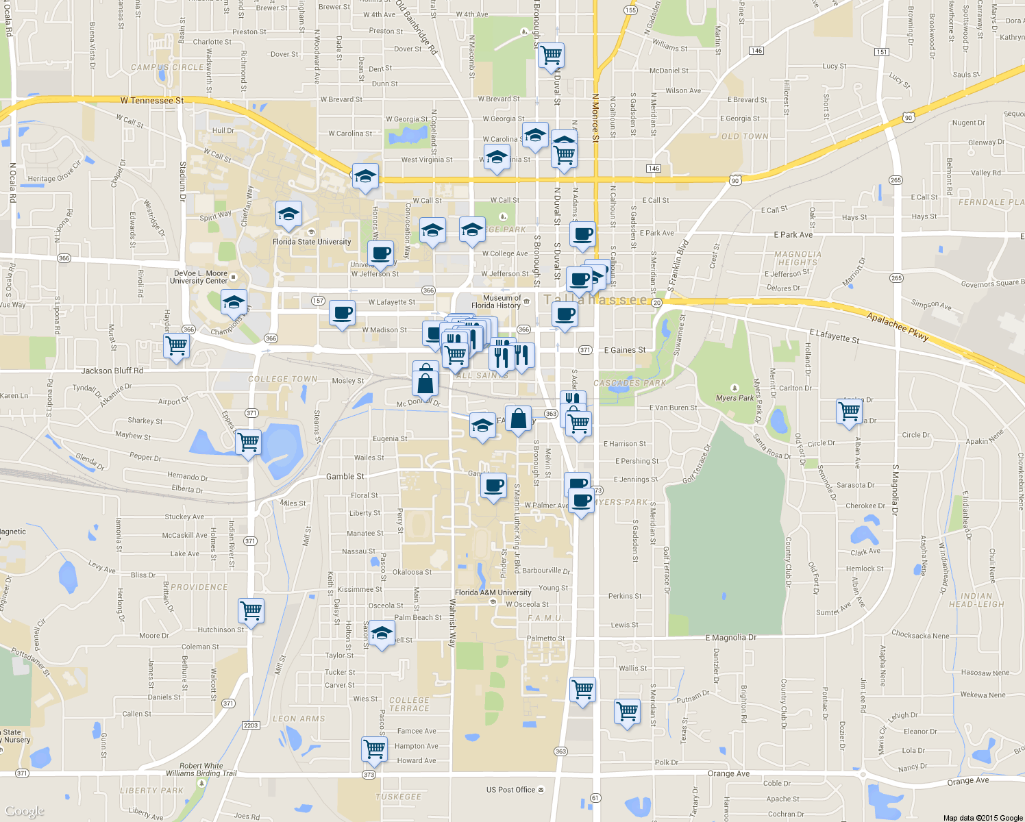 map of restaurants, bars, coffee shops, grocery stores, and more near 425 West Van Buren Street in Tallahassee