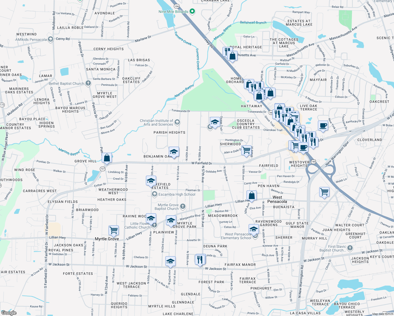 map of restaurants, bars, coffee shops, grocery stores, and more near 1603 North 58th Avenue in Pensacola