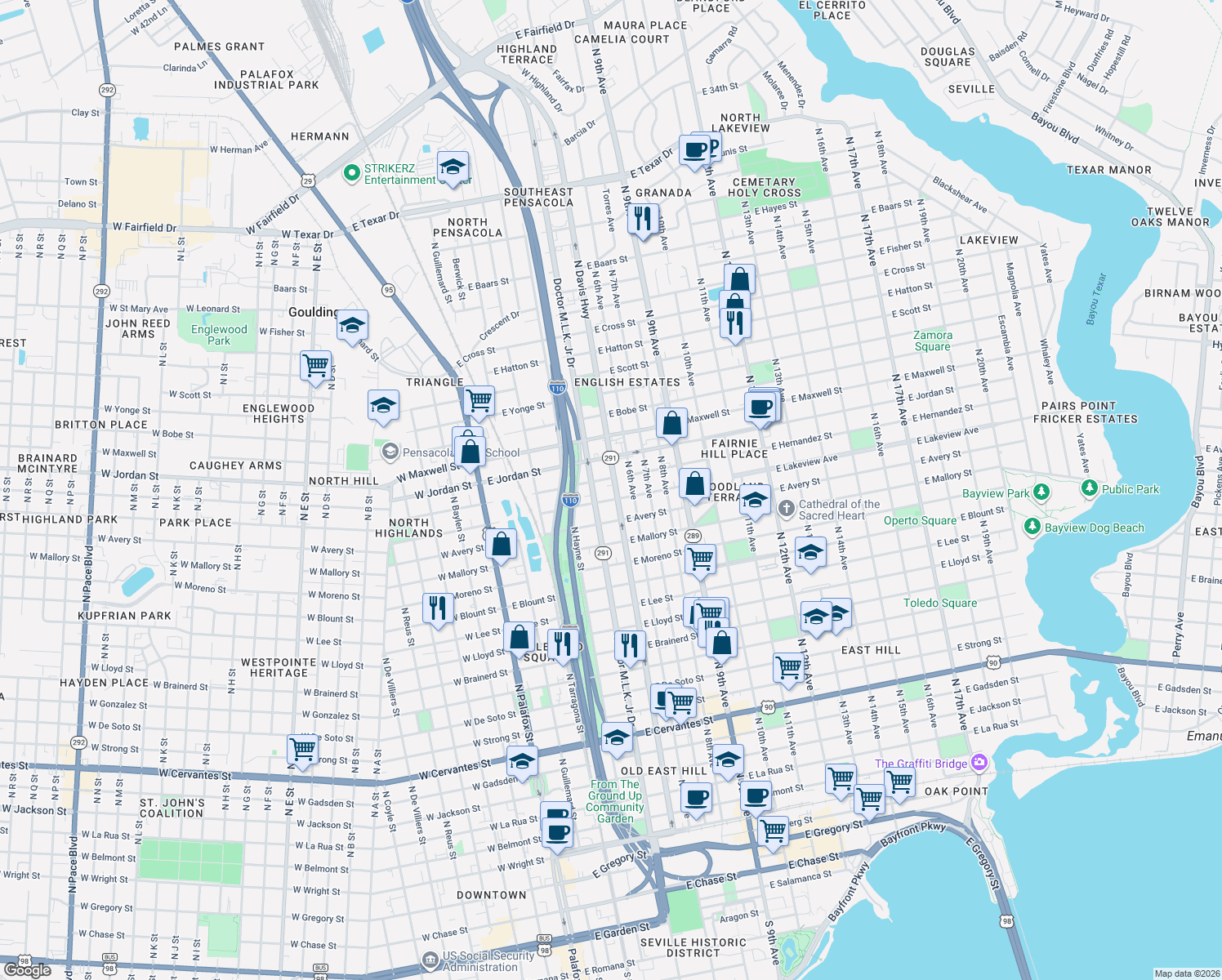 map of restaurants, bars, coffee shops, grocery stores, and more near 1900 North Davis Highway in Pensacola