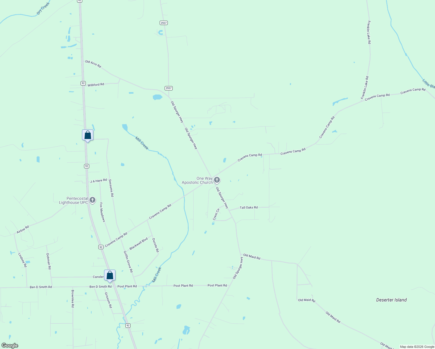 map of restaurants, bars, coffee shops, grocery stores, and more near 10040 Cravens Camp Road in Silsbee