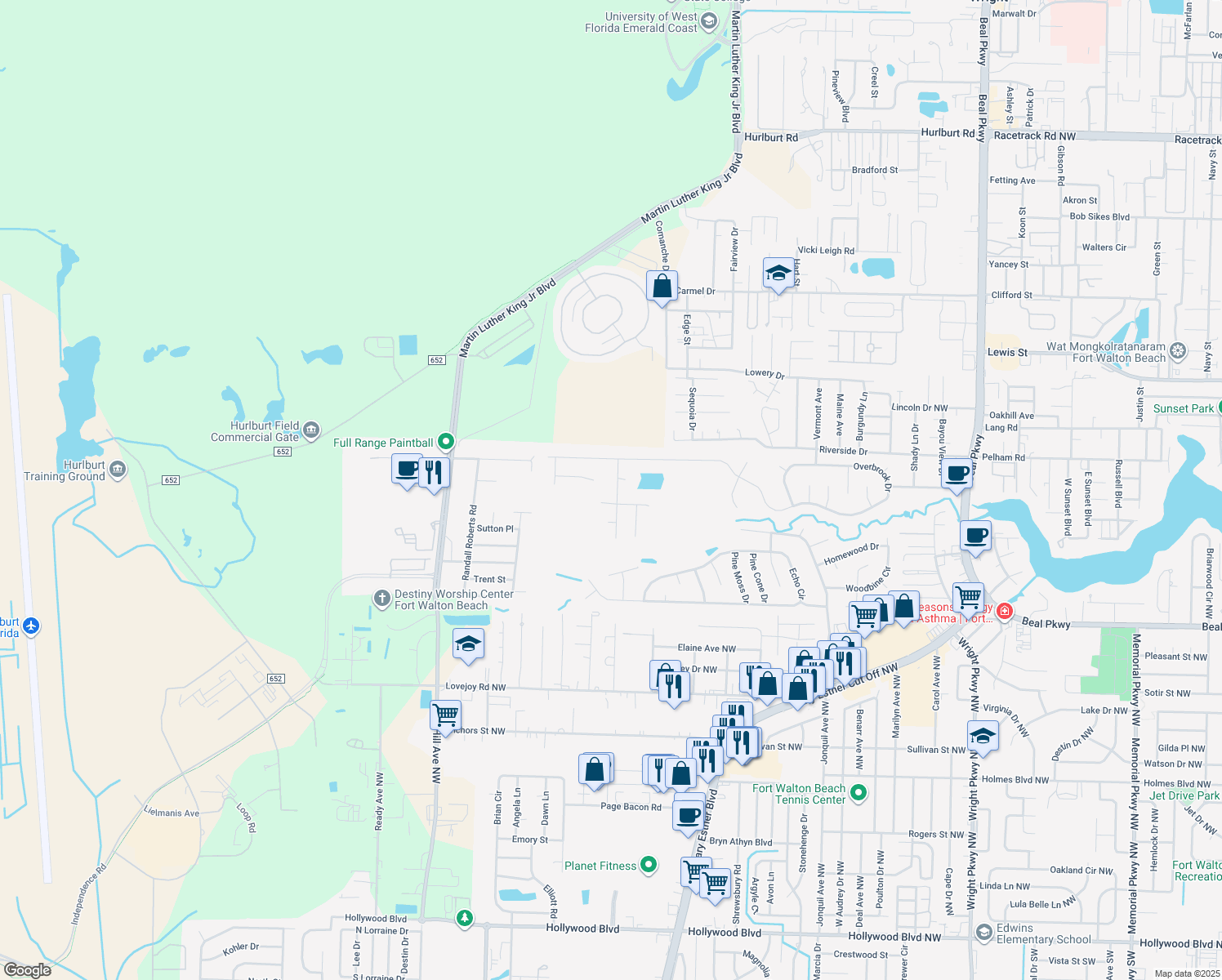 map of restaurants, bars, coffee shops, grocery stores, and more near 110 Gail La Rue in Fort Walton Beach