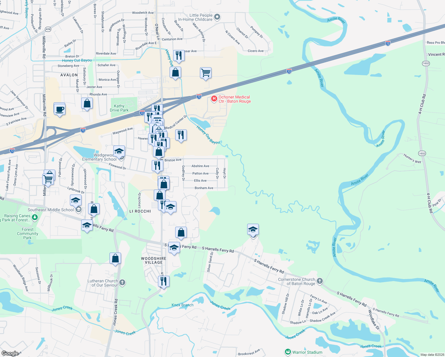 map of restaurants, bars, coffee shops, grocery stores, and more near 2236 Hoyt Drive in Baton Rouge