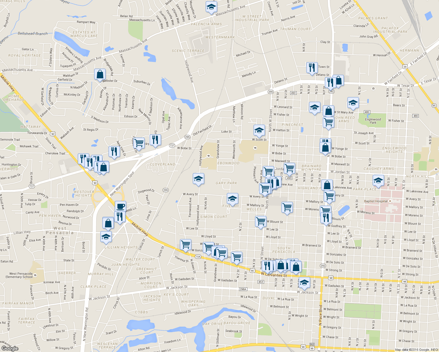 map of restaurants, bars, coffee shops, grocery stores, and more near 1950 Gary Circle in Pensacola