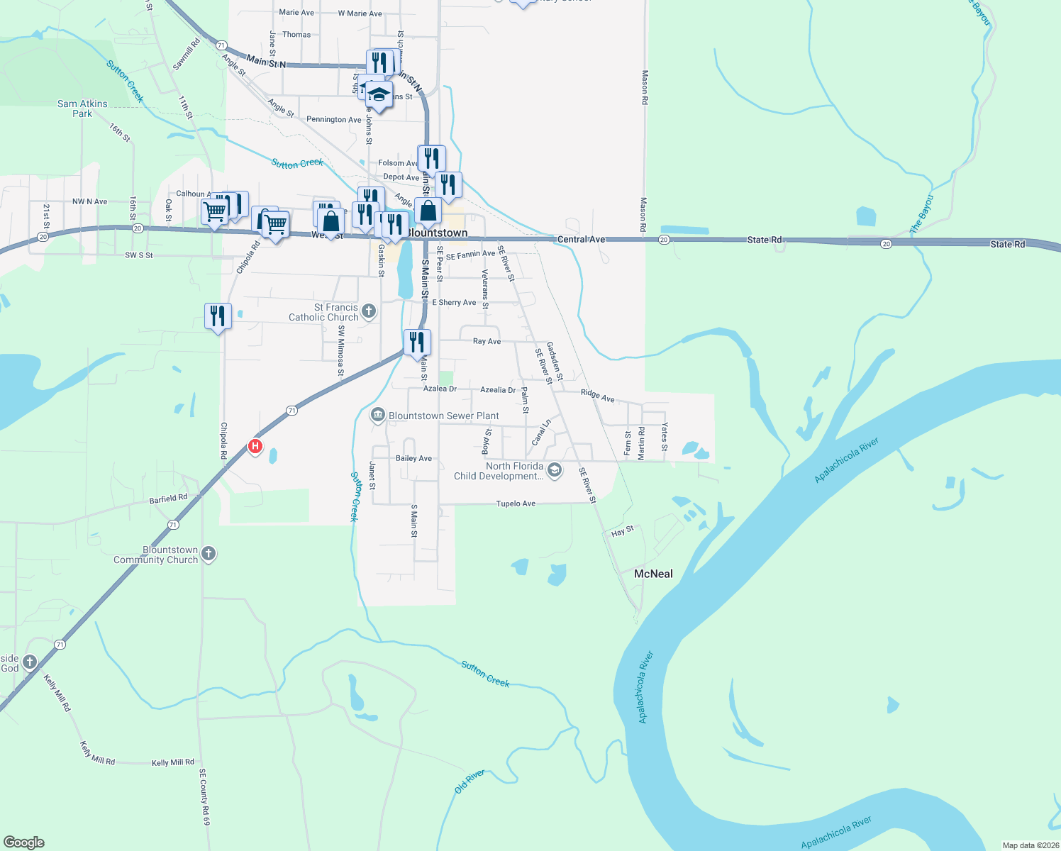 map of restaurants, bars, coffee shops, grocery stores, and more near 921 Palm Street in Blountstown