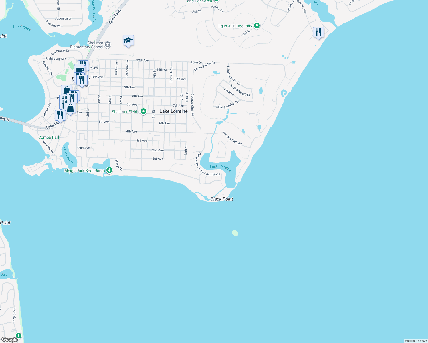 map of restaurants, bars, coffee shops, grocery stores, and more near 791 Boulevard of the Champions in Shalimar