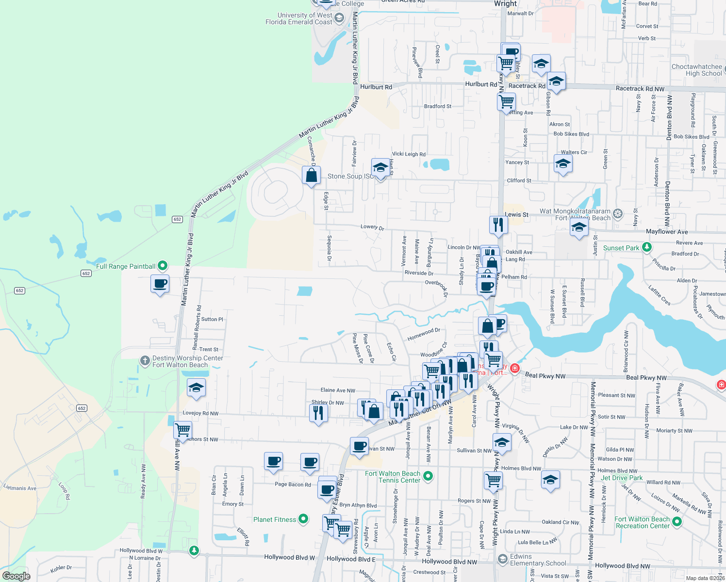 map of restaurants, bars, coffee shops, grocery stores, and more near 757 Overbrook Dr in Fort Walton Beach