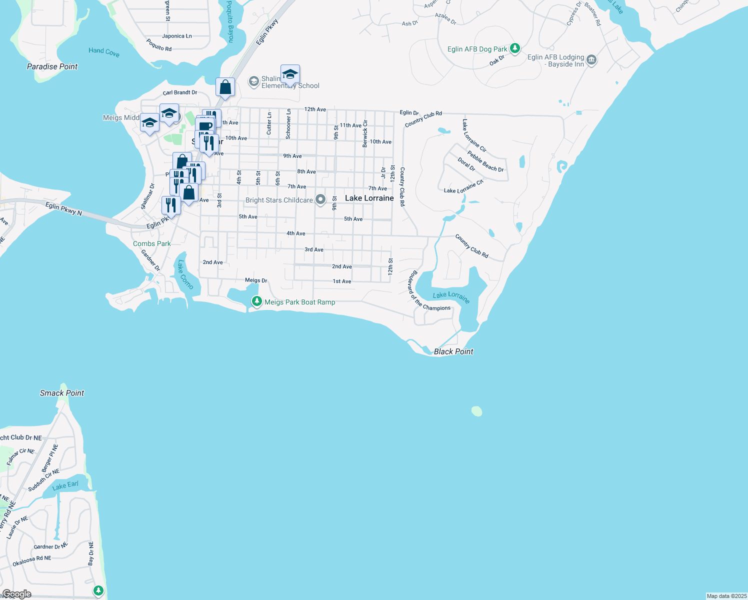 map of restaurants, bars, coffee shops, grocery stores, and more near 88 Meigs Drive in Shalimar