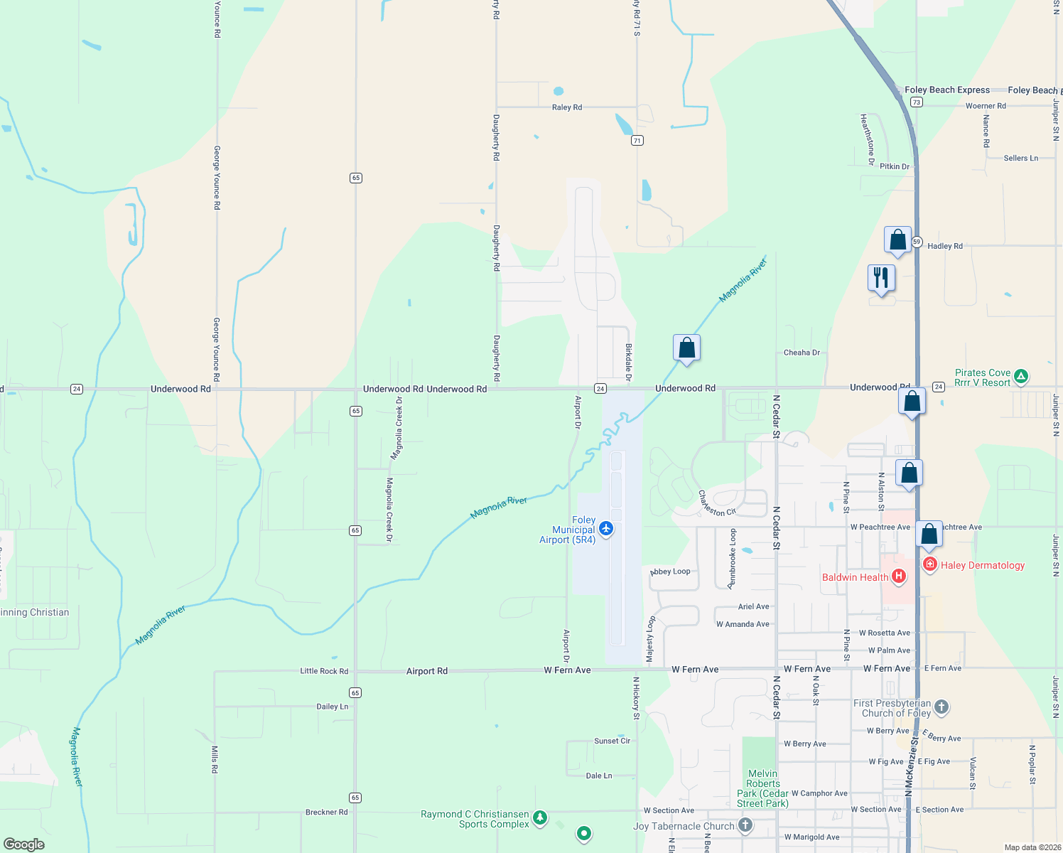 map of restaurants, bars, coffee shops, grocery stores, and more near 18648 Underwood Road in Foley