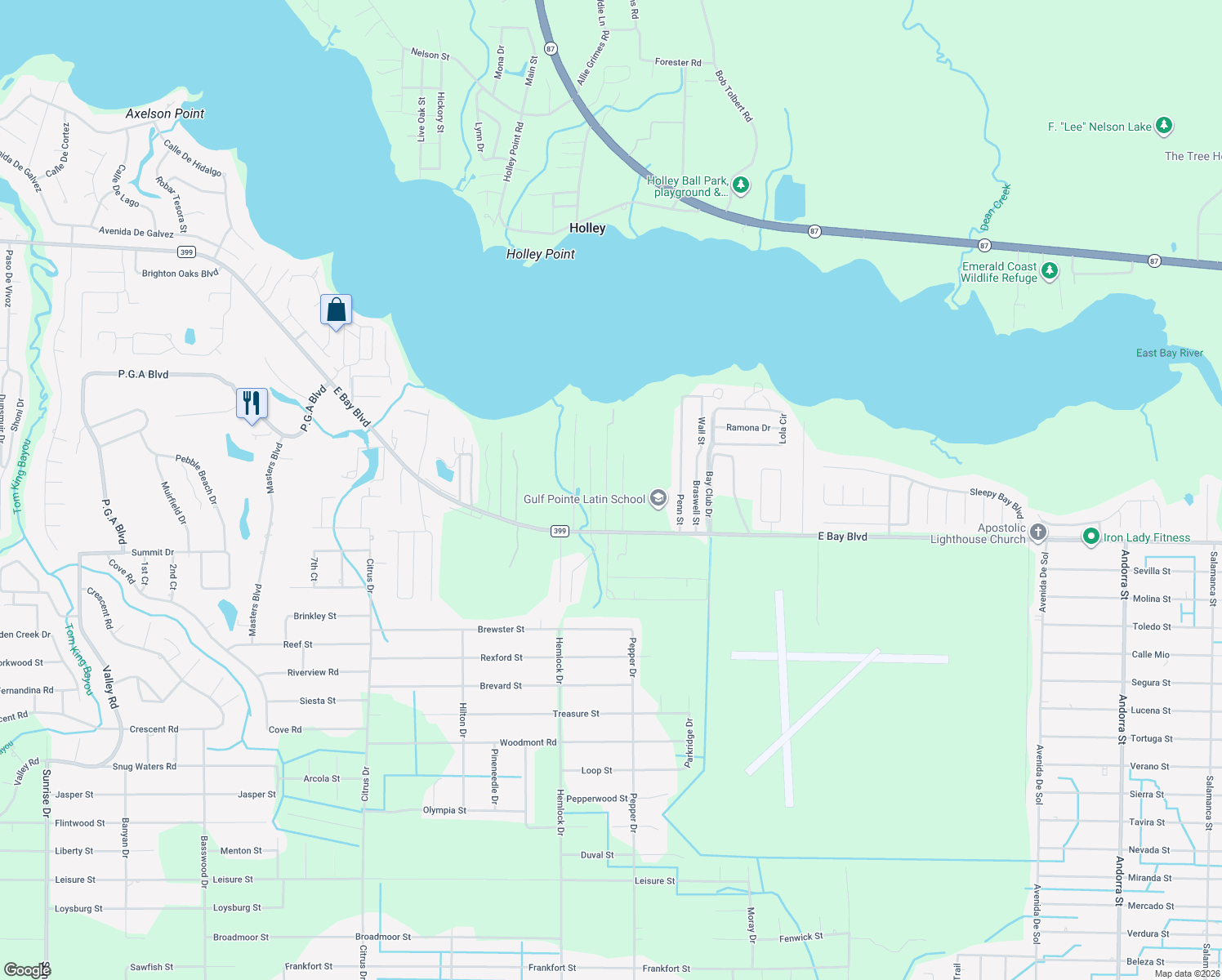 map of restaurants, bars, coffee shops, grocery stores, and more near 2750 Teepee Road in Navarre