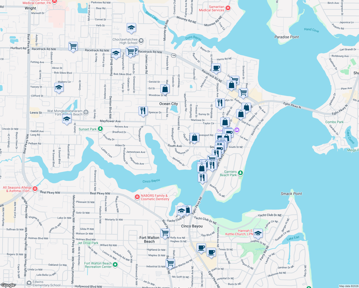 map of restaurants, bars, coffee shops, grocery stores, and more near 100 Thornhill Road in Fort Walton Beach