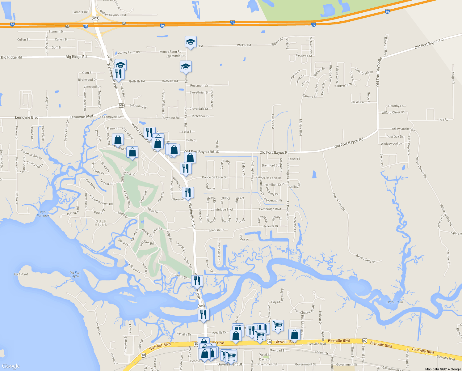 map of restaurants, bars, coffee shops, grocery stores, and more near 6560 Columbus Circle in Ocean Springs