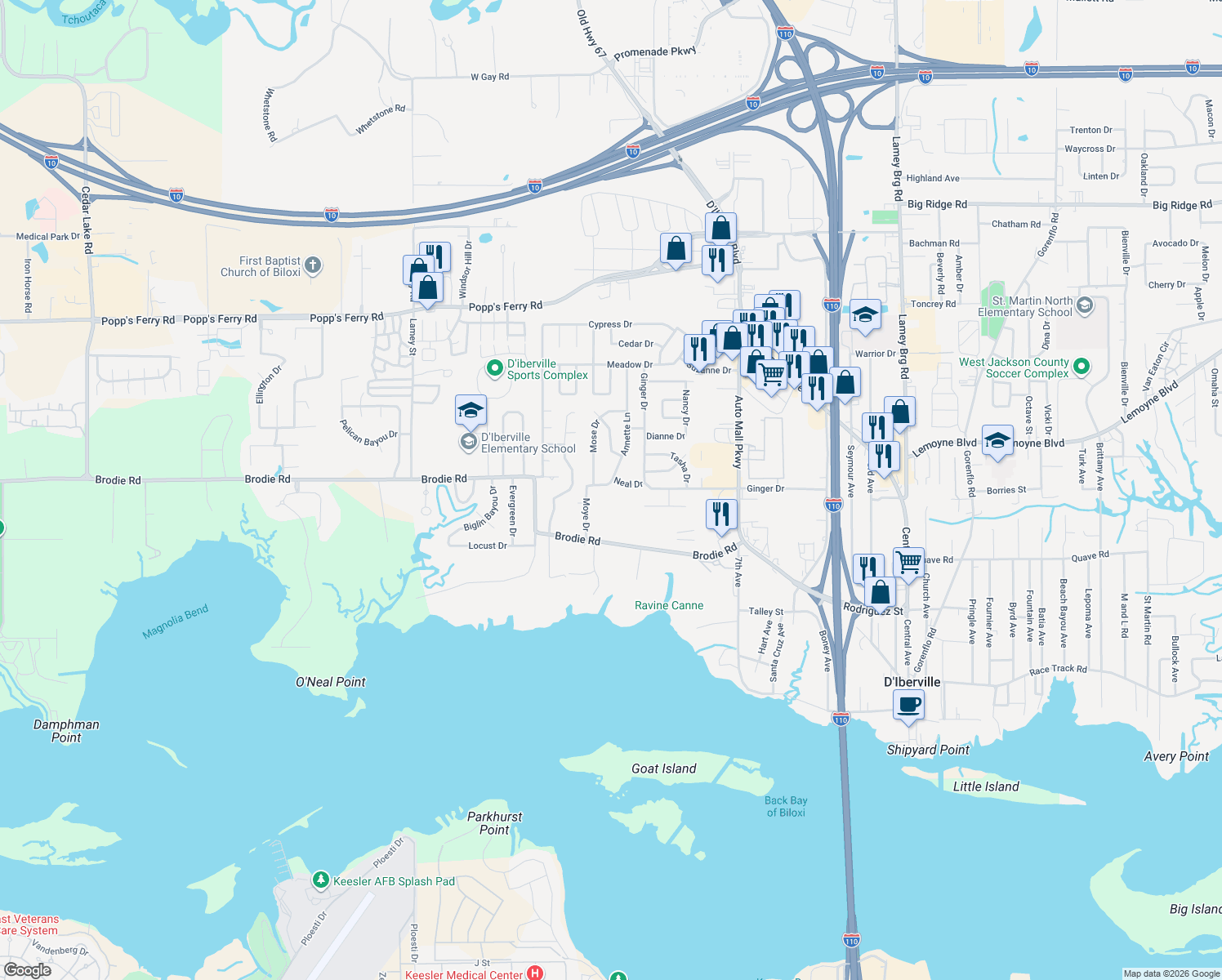 map of restaurants, bars, coffee shops, grocery stores, and more near 316 Annette Ln in D'Iberville