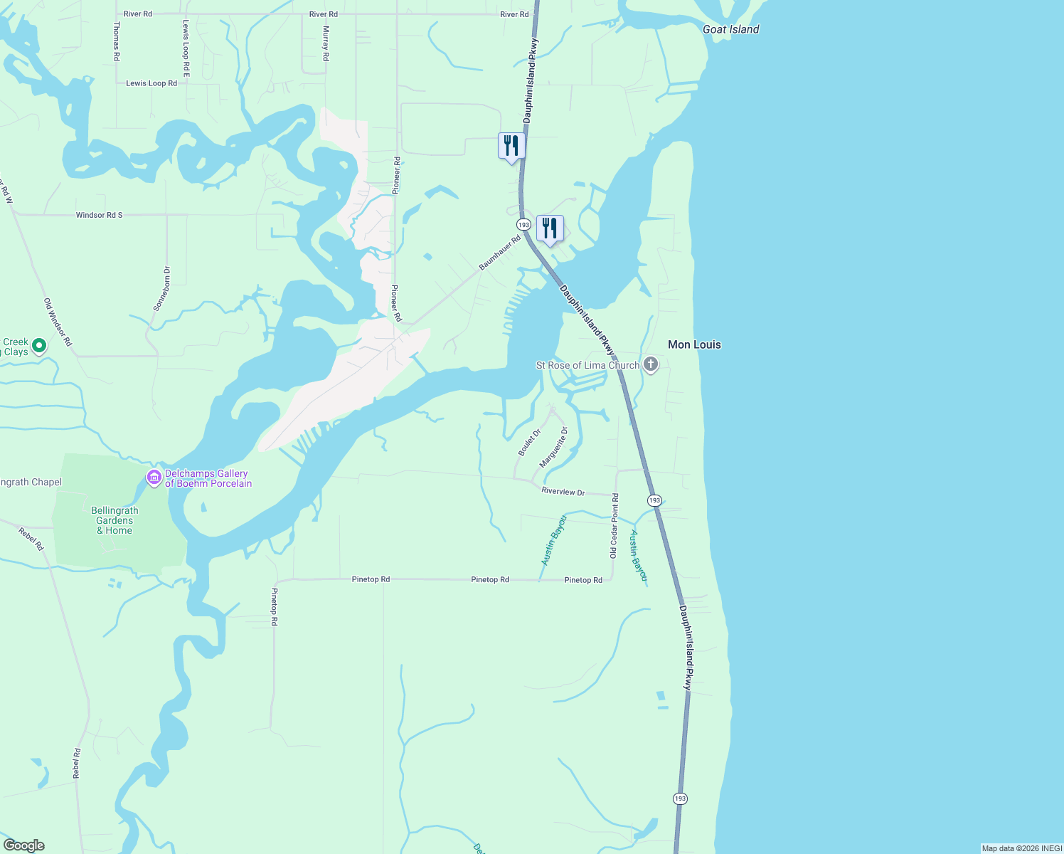 map of restaurants, bars, coffee shops, grocery stores, and more near 12246 Boulet Drive in Coden