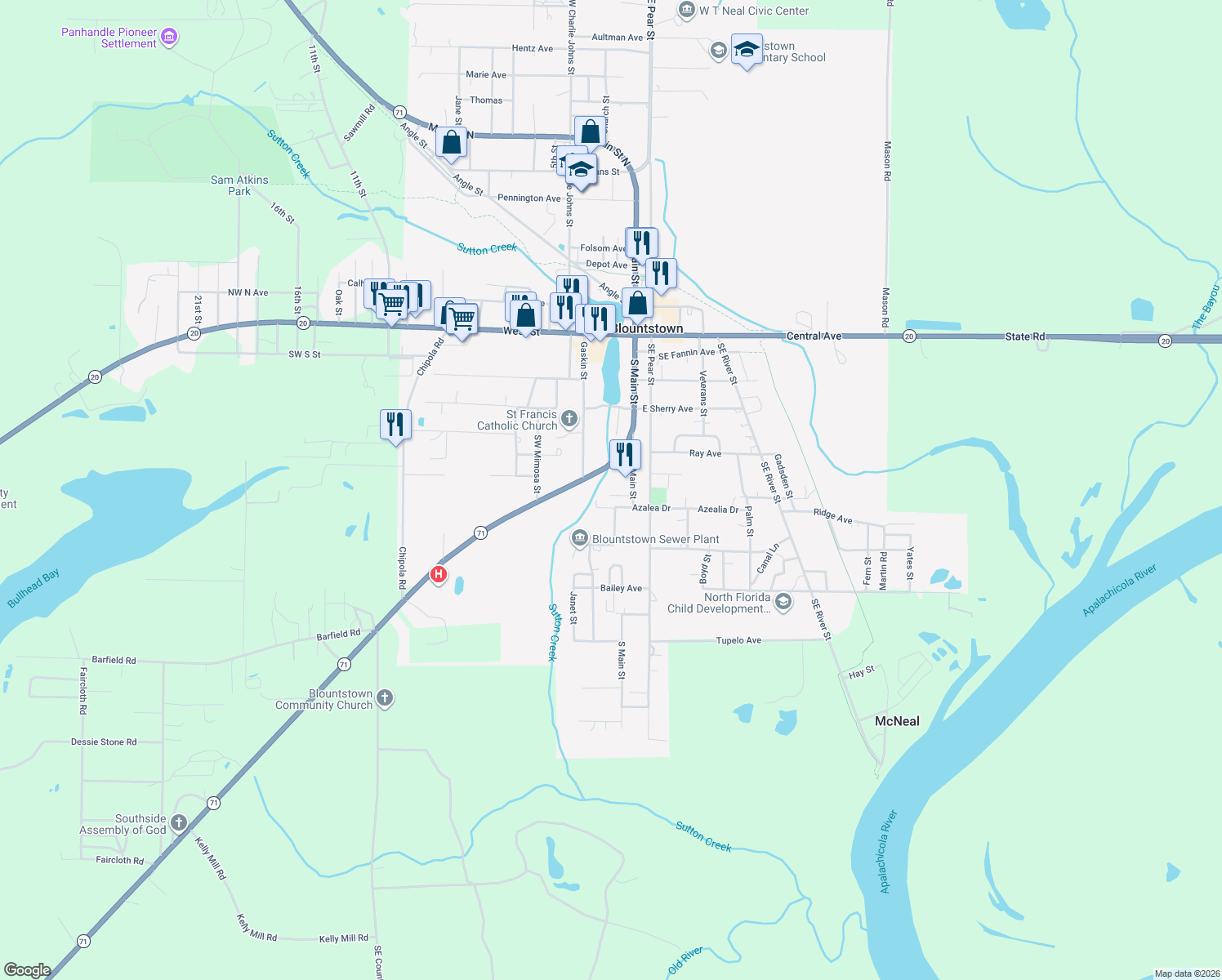 map of restaurants, bars, coffee shops, grocery stores, and more near 20568 Camelia Drive in Blountstown