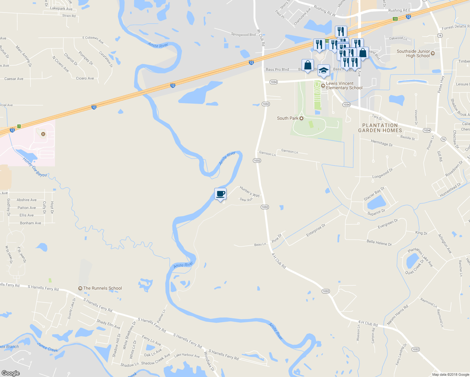 map of restaurants, bars, coffee shops, grocery stores, and more near 6971 Hunter's Way in Denham Springs