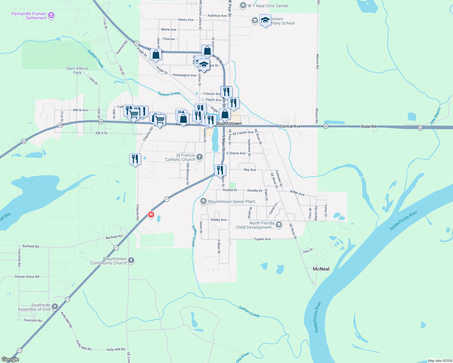 map of restaurants, bars, coffee shops, grocery stores, and more near 16330 South Pear Street in Blountstown