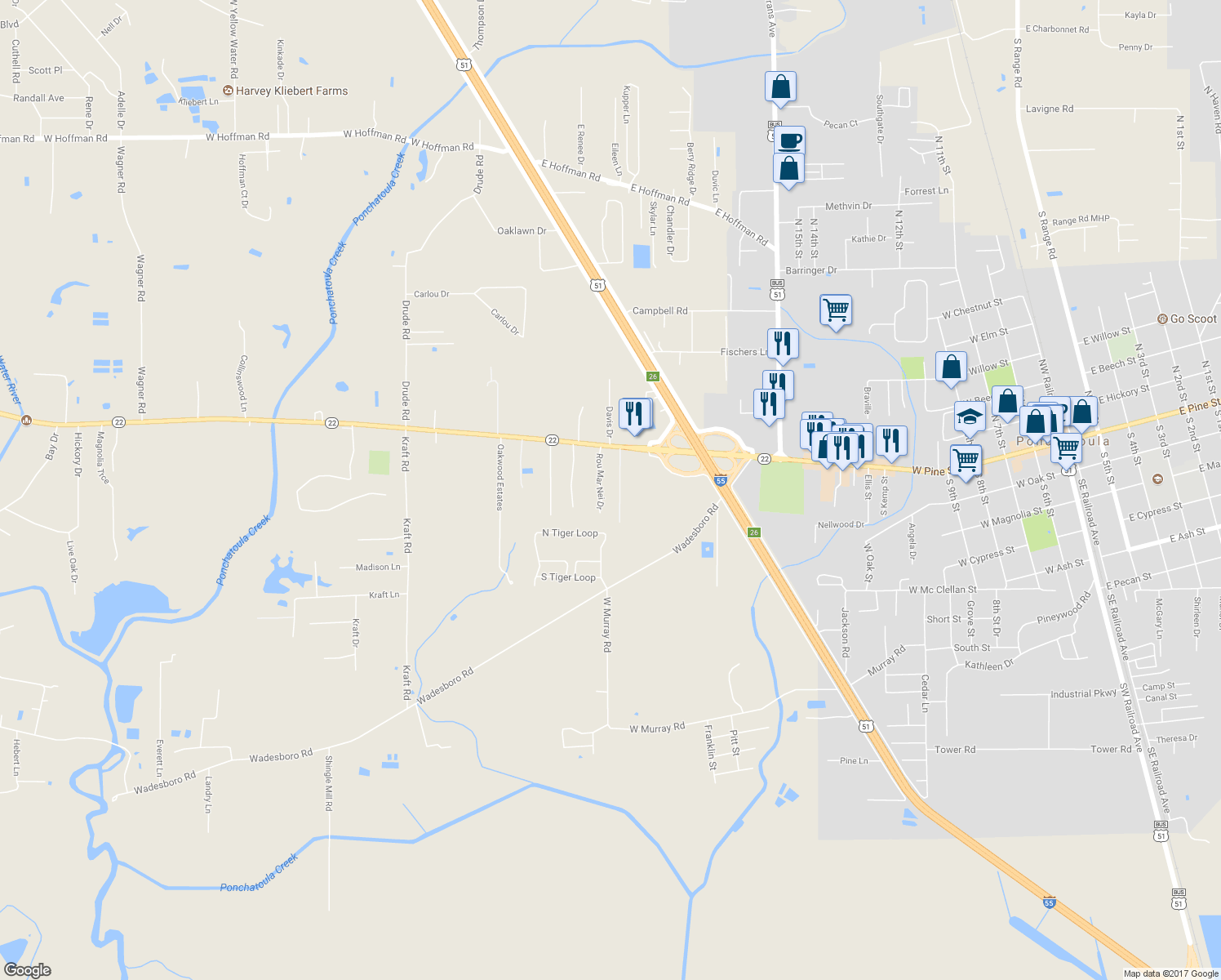 map of restaurants, bars, coffee shops, grocery stores, and more near 39728 Rou Mar Nei Drive in Ponchatoula