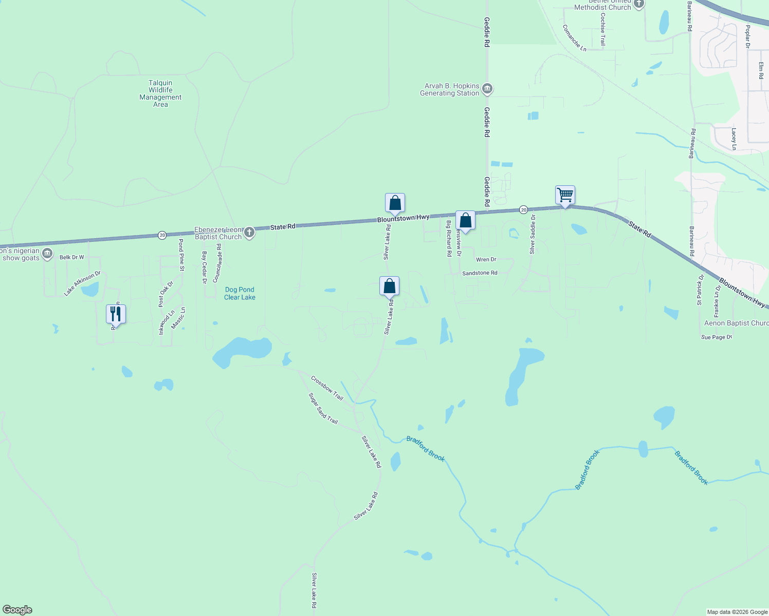 map of restaurants, bars, coffee shops, grocery stores, and more near 1720 Silver Lake Road in Tallahassee
