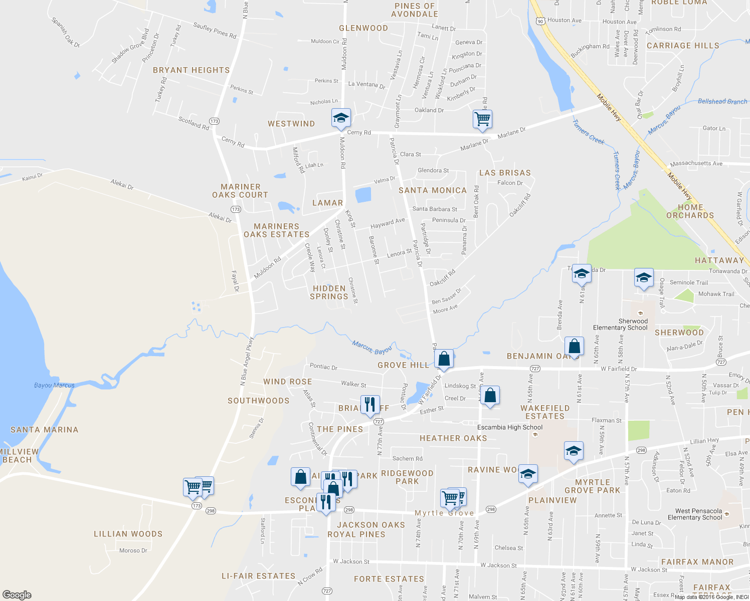 map of restaurants, bars, coffee shops, grocery stores, and more near 2754 King Street in Pensacola