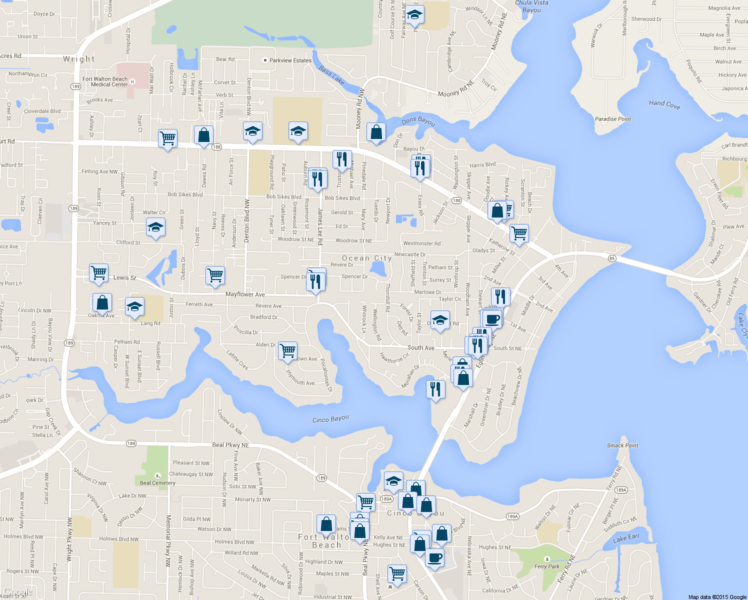 map of restaurants, bars, coffee shops, grocery stores, and more near 401 Forest Drive in Fort Walton Beach