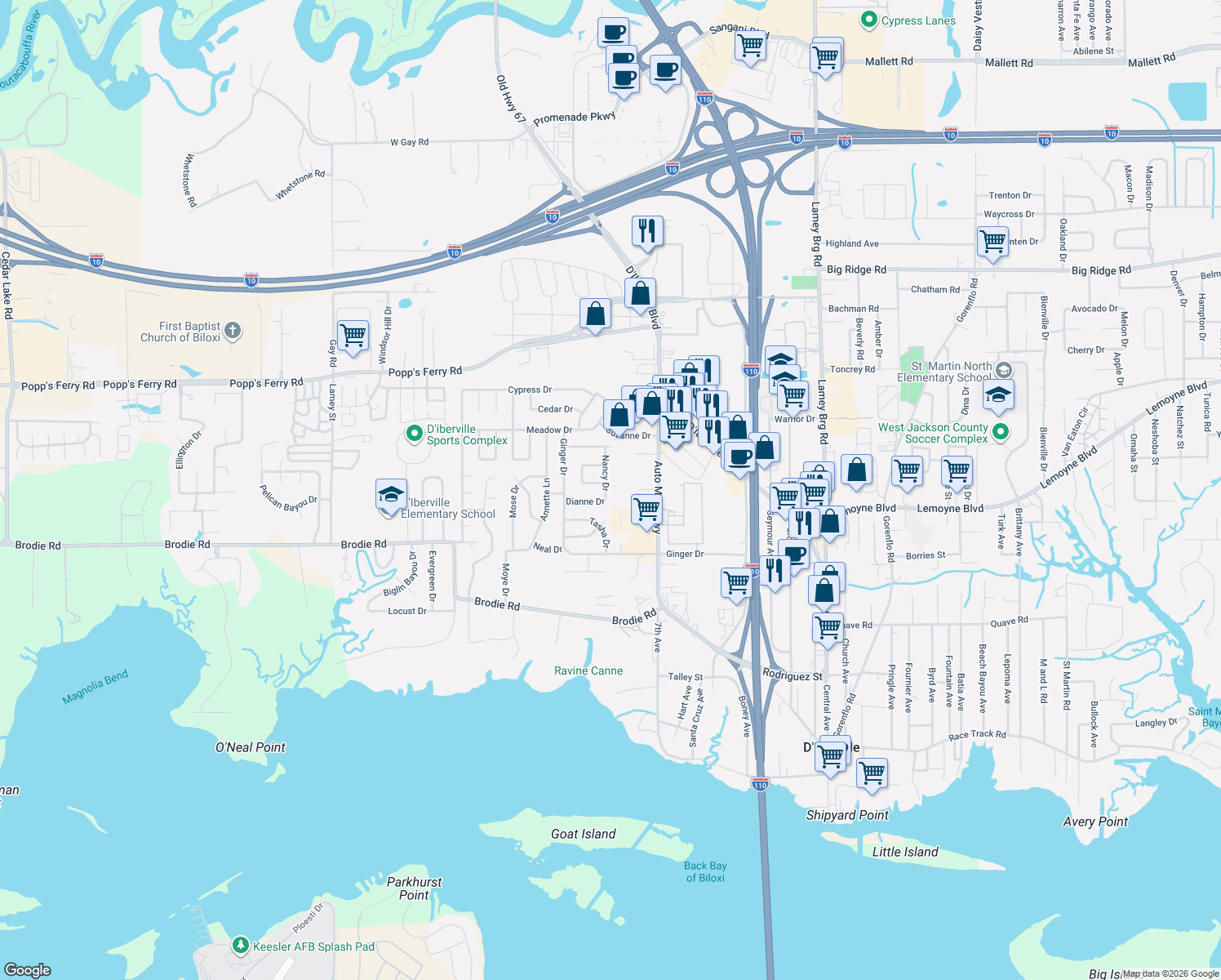 map of restaurants, bars, coffee shops, grocery stores, and more near 366 Nancy Dr in D'Iberville