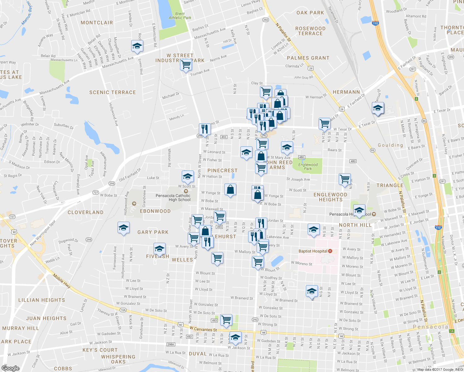 map of restaurants, bars, coffee shops, grocery stores, and more near 2412 N S St in Pensacola