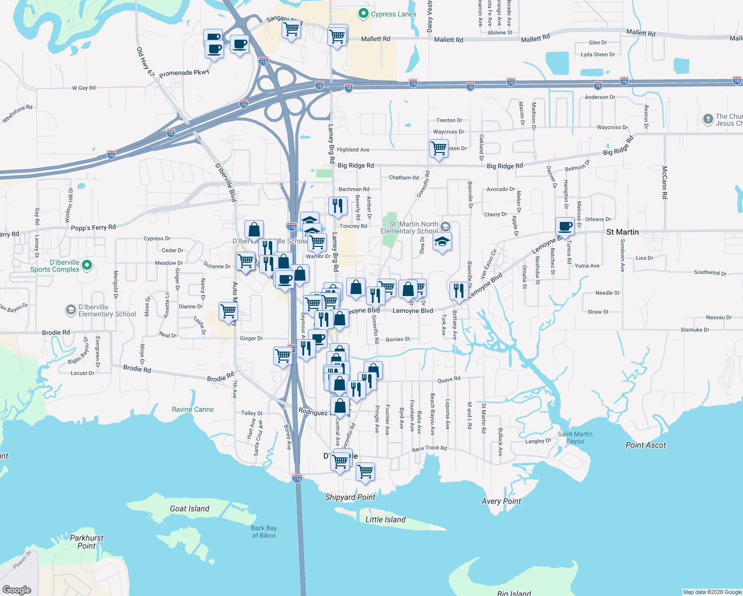 map of restaurants, bars, coffee shops, grocery stores, and more near 10381 Gorenflo Rd in D'Iberville