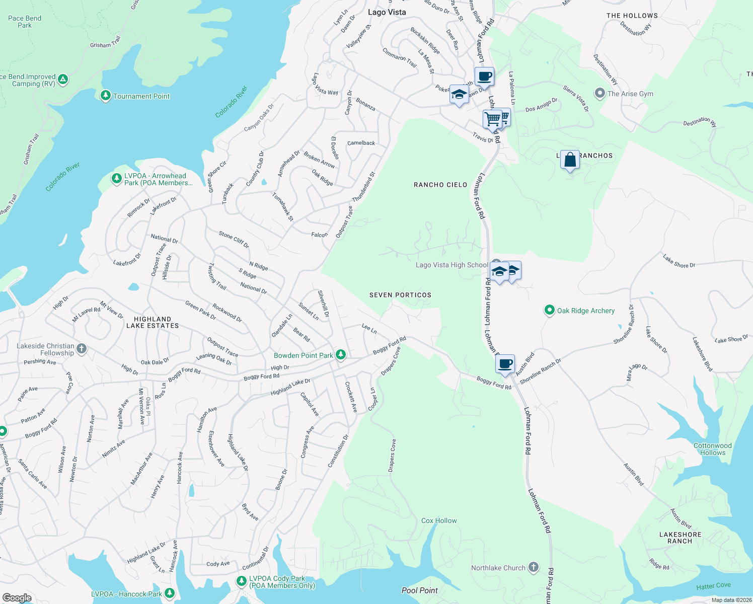 map of restaurants, bars, coffee shops, grocery stores, and more near 20110 Victoria Chase in Lago Vista