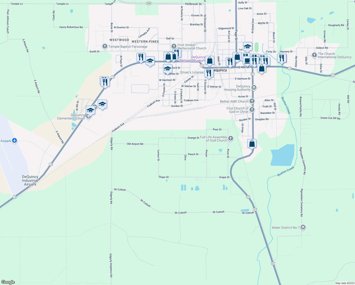 map of restaurants, bars, coffee shops, grocery stores, and more near 431 Orange St in DeQuincy