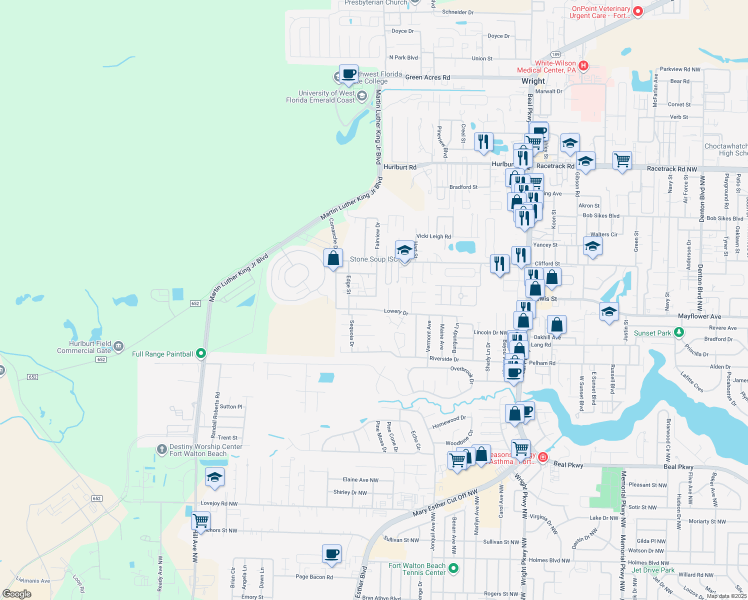 map of restaurants, bars, coffee shops, grocery stores, and more near 310 Seminole Street in Fort Walton Beach