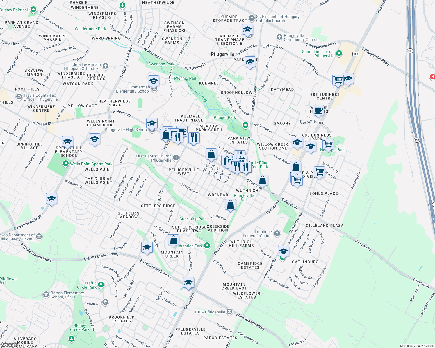 map of restaurants, bars, coffee shops, grocery stores, and more near 203 West Hall Street in Pflugerville