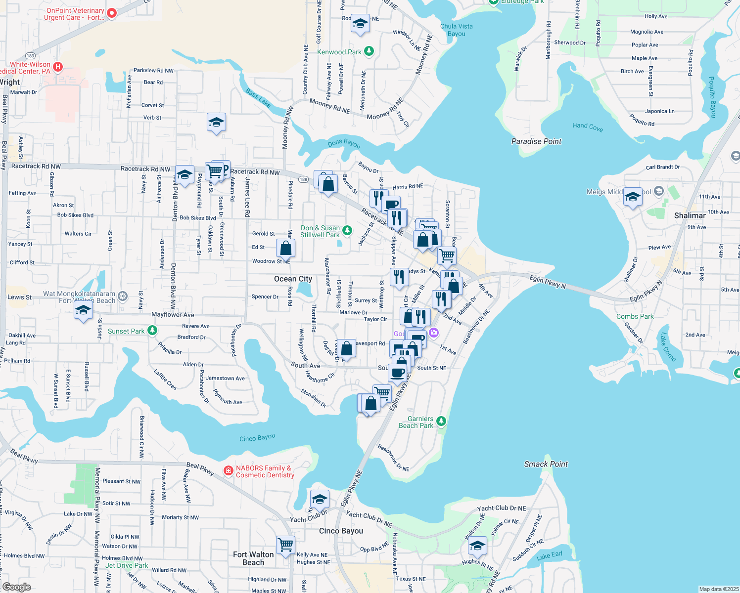 map of restaurants, bars, coffee shops, grocery stores, and more near 514 Surrey Street in Fort Walton Beach