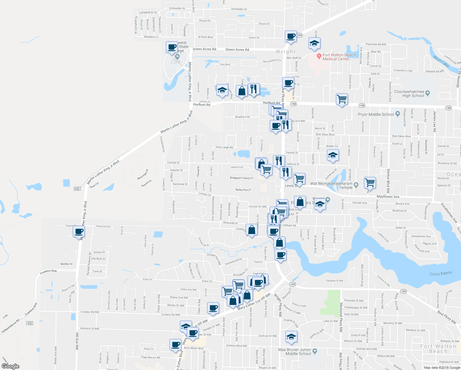map of restaurants, bars, coffee shops, grocery stores, and more near 391 Camden Pass Lane in Fort Walton Beach