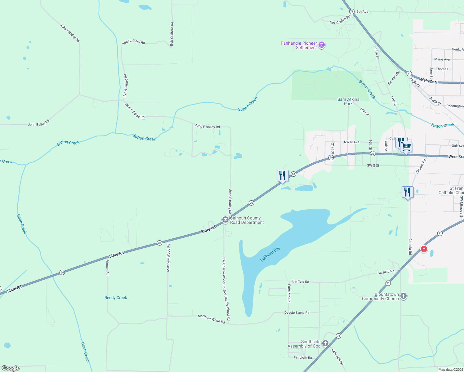 map of restaurants, bars, coffee shops, grocery stores, and more near 16727 John F Bailey Road in Blountstown