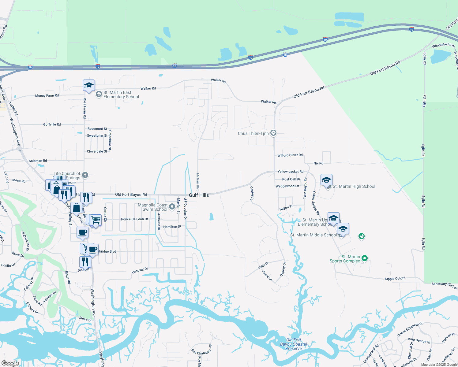 map of restaurants, bars, coffee shops, grocery stores, and more near 5821 Old Fort Bayou Road in Ocean Springs