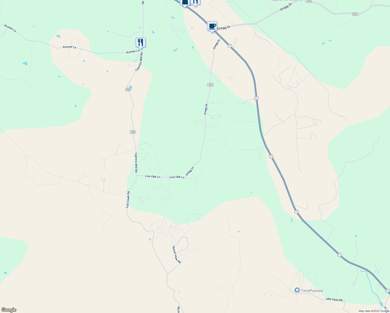 map of restaurants, bars, coffee shops, grocery stores, and more near 1410 Gregg Drive in Spicewood