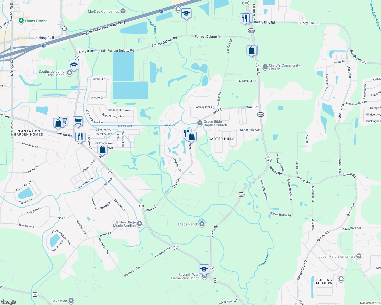 map of restaurants, bars, coffee shops, grocery stores, and more near 25700 Wax Road in Denham Springs