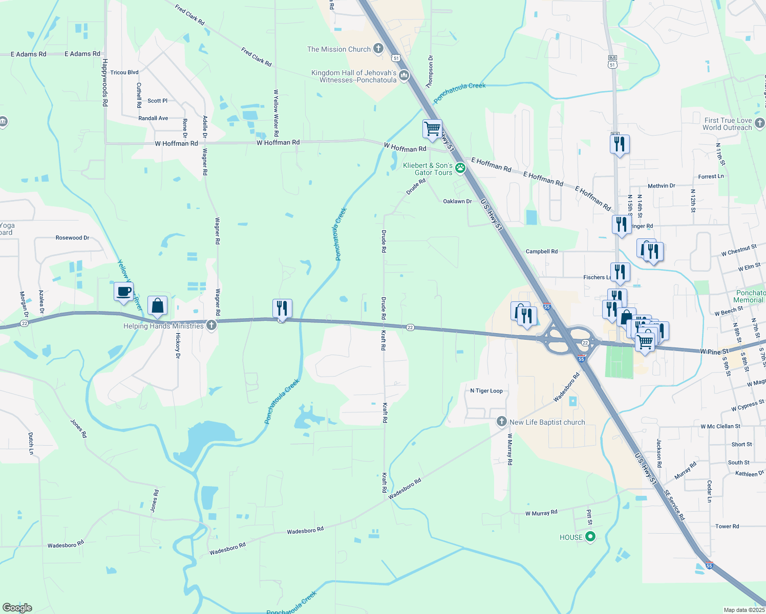 map of restaurants, bars, coffee shops, grocery stores, and more near 40049 Drude Road in Ponchatoula