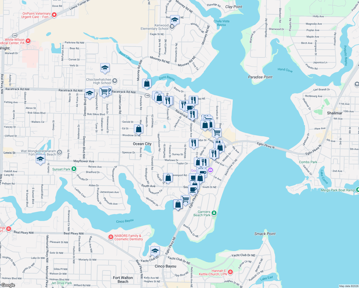 map of restaurants, bars, coffee shops, grocery stores, and more near 515 Newcastle Drive in Fort Walton Beach
