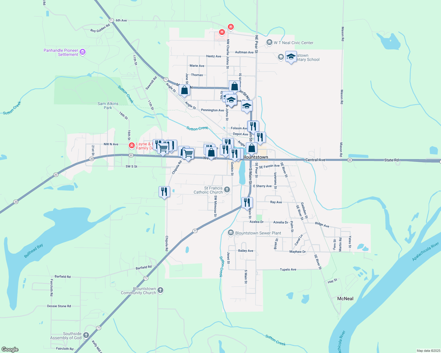 map of restaurants, bars, coffee shops, grocery stores, and more near 16698 Southwest Mimosa Street in Blountstown
