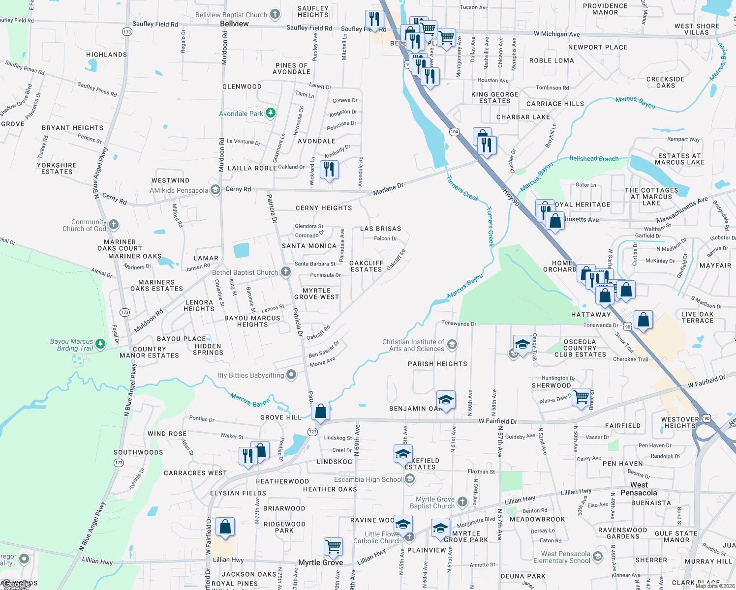 map of restaurants, bars, coffee shops, grocery stores, and more near 6895 Oakcliff Road in Pensacola