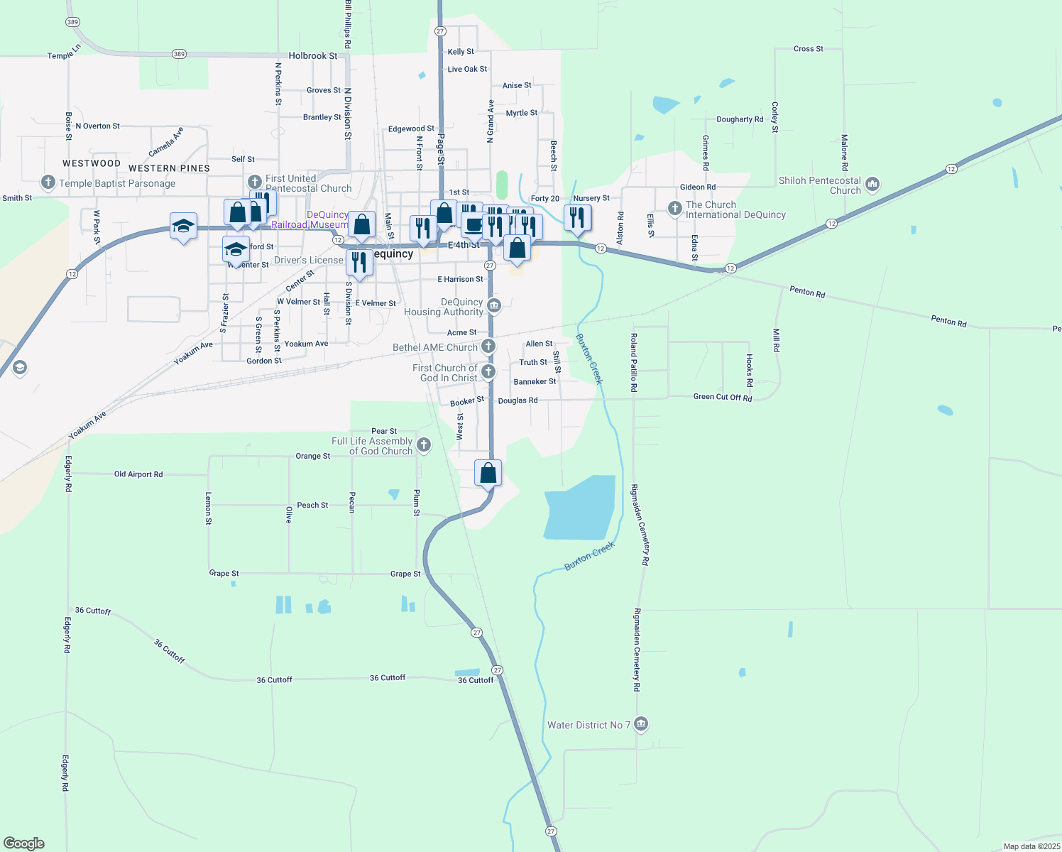 map of restaurants, bars, coffee shops, grocery stores, and more near 814 Bond Rd in DeQuincy